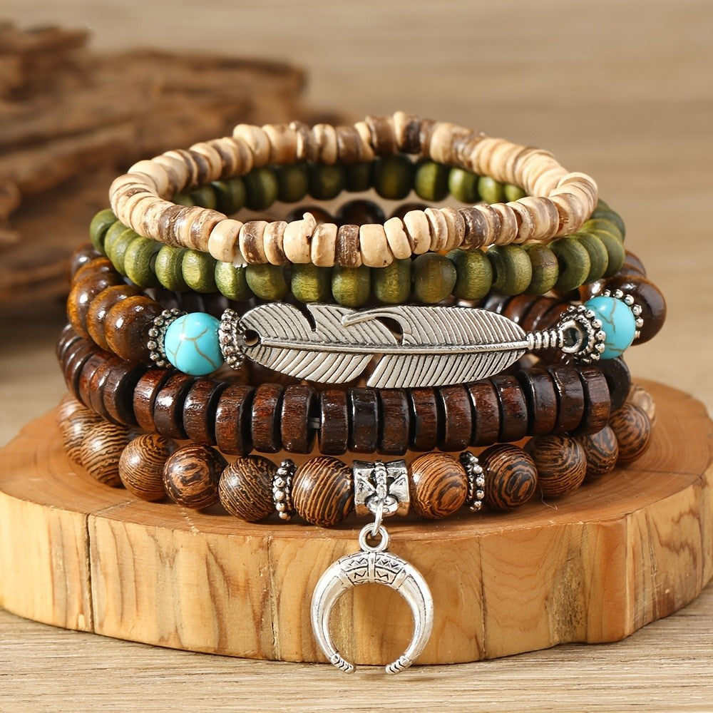 15pc Boho Vintage Wood Bead Bracelet Set