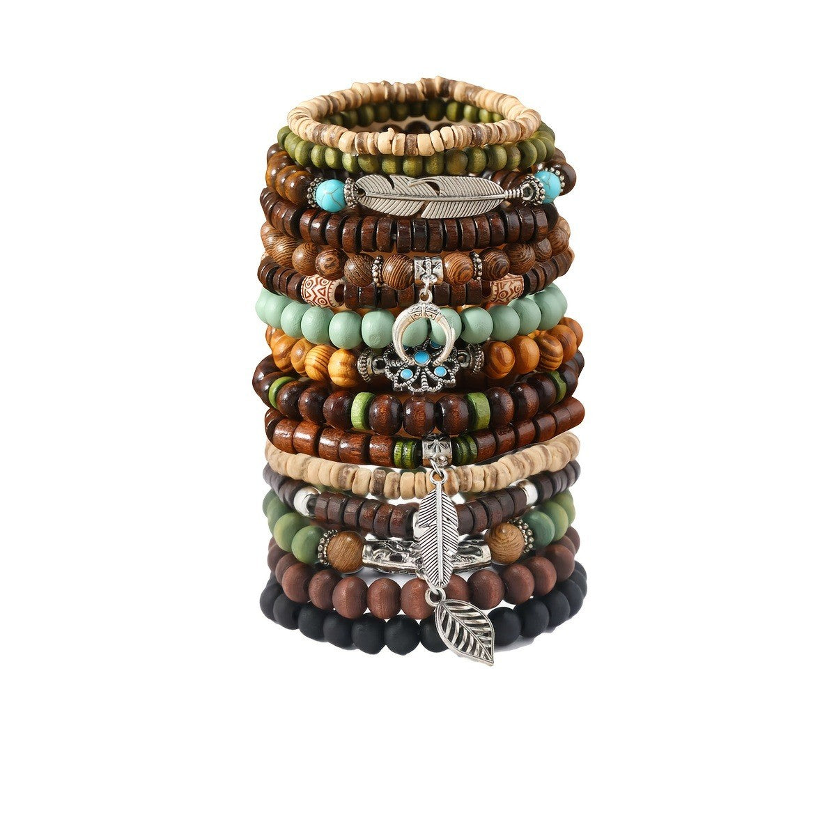 15pc Boho Vintage Wood Bead Bracelet Set