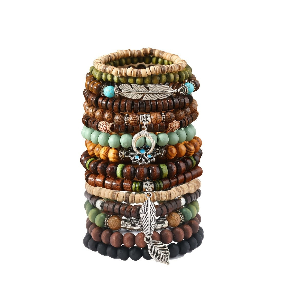 15pc Boho Vintage Wood Bead Bracelet Set