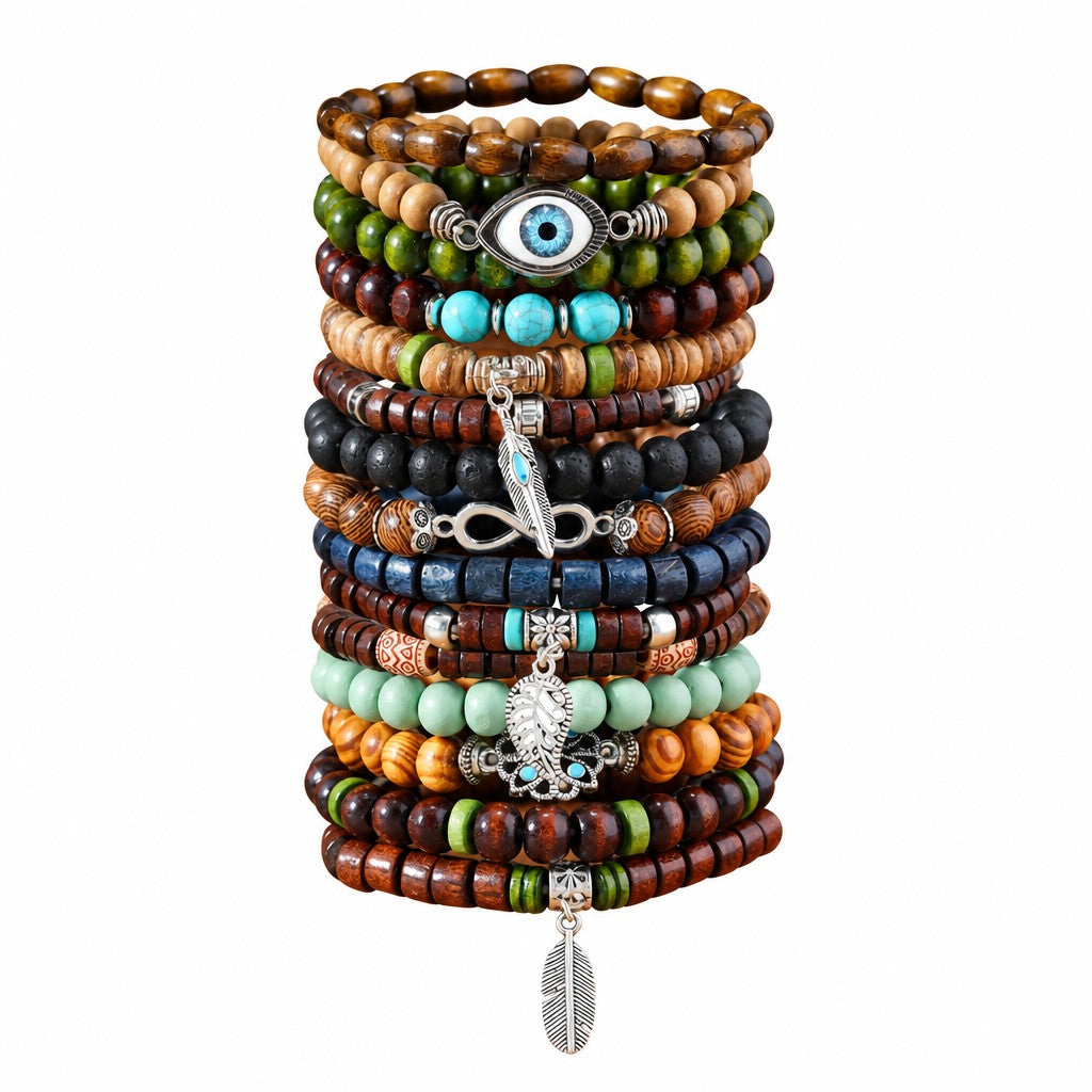 15pc Boho Vintage Wood Bead Bracelet Set