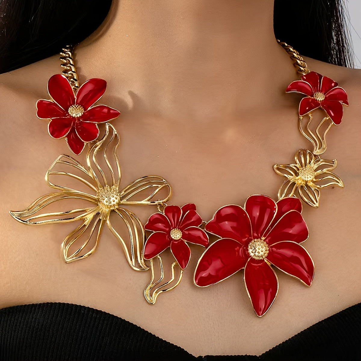 Elegant Black Enamel Floral Necklace & Earring Set
