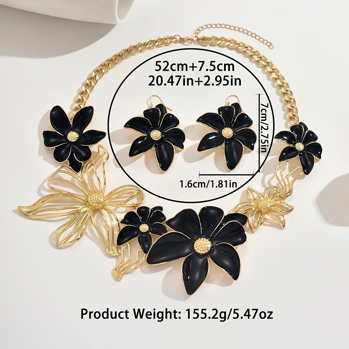 Elegant Black Enamel Floral Necklace & Earring Set