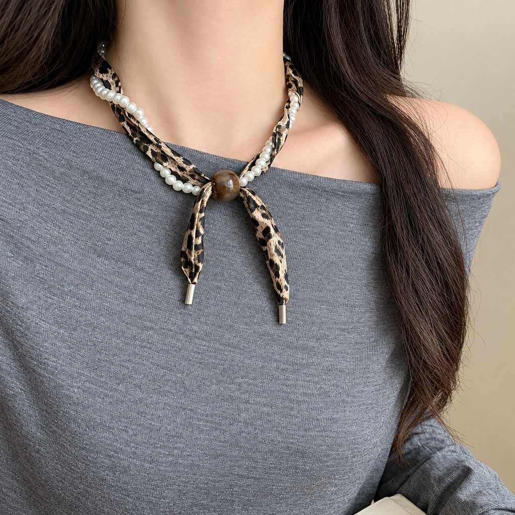Boho Leopard Print Pearl Ribbon Necklace