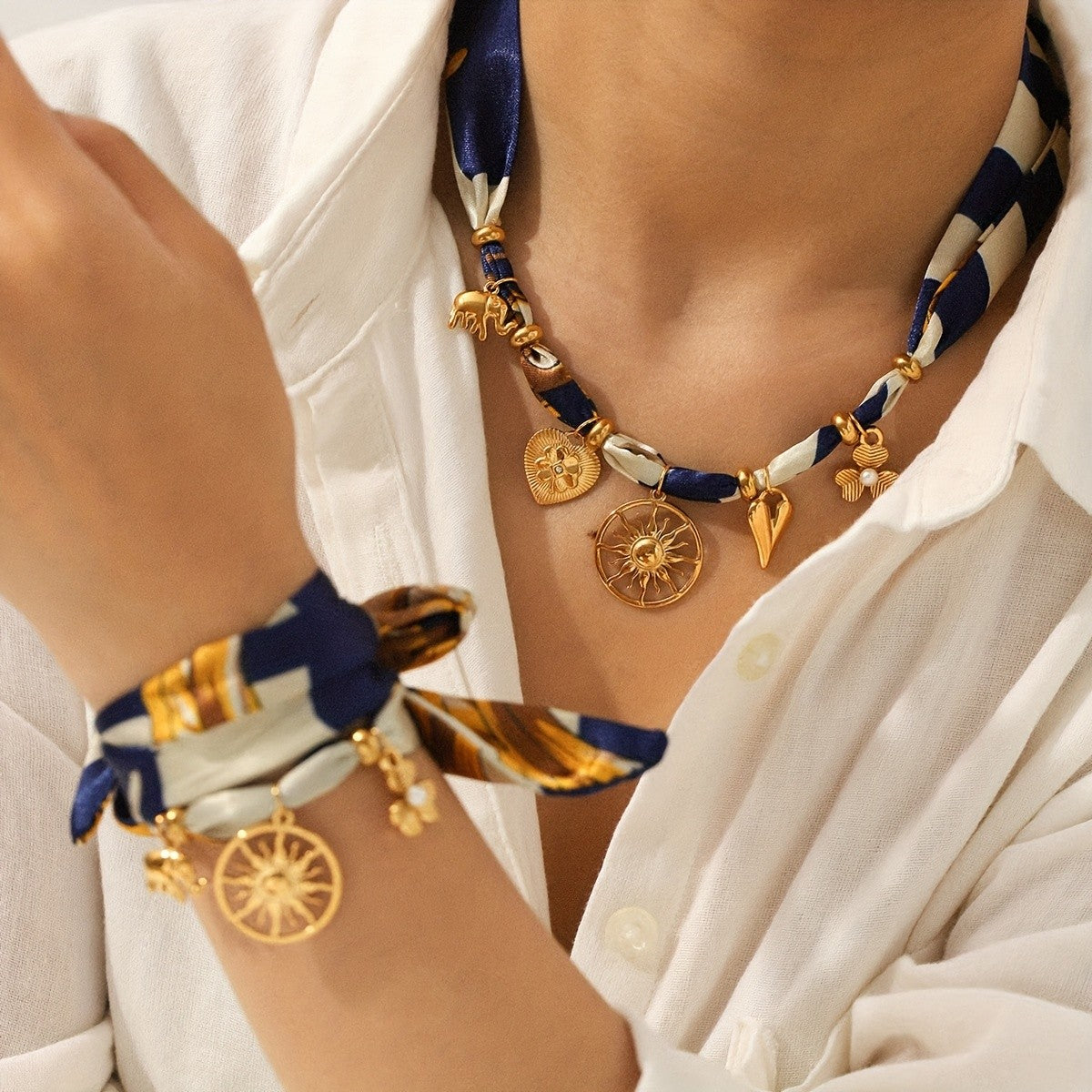 Boho Striped Scarf Sun Charm Necklace & Bracelet Set