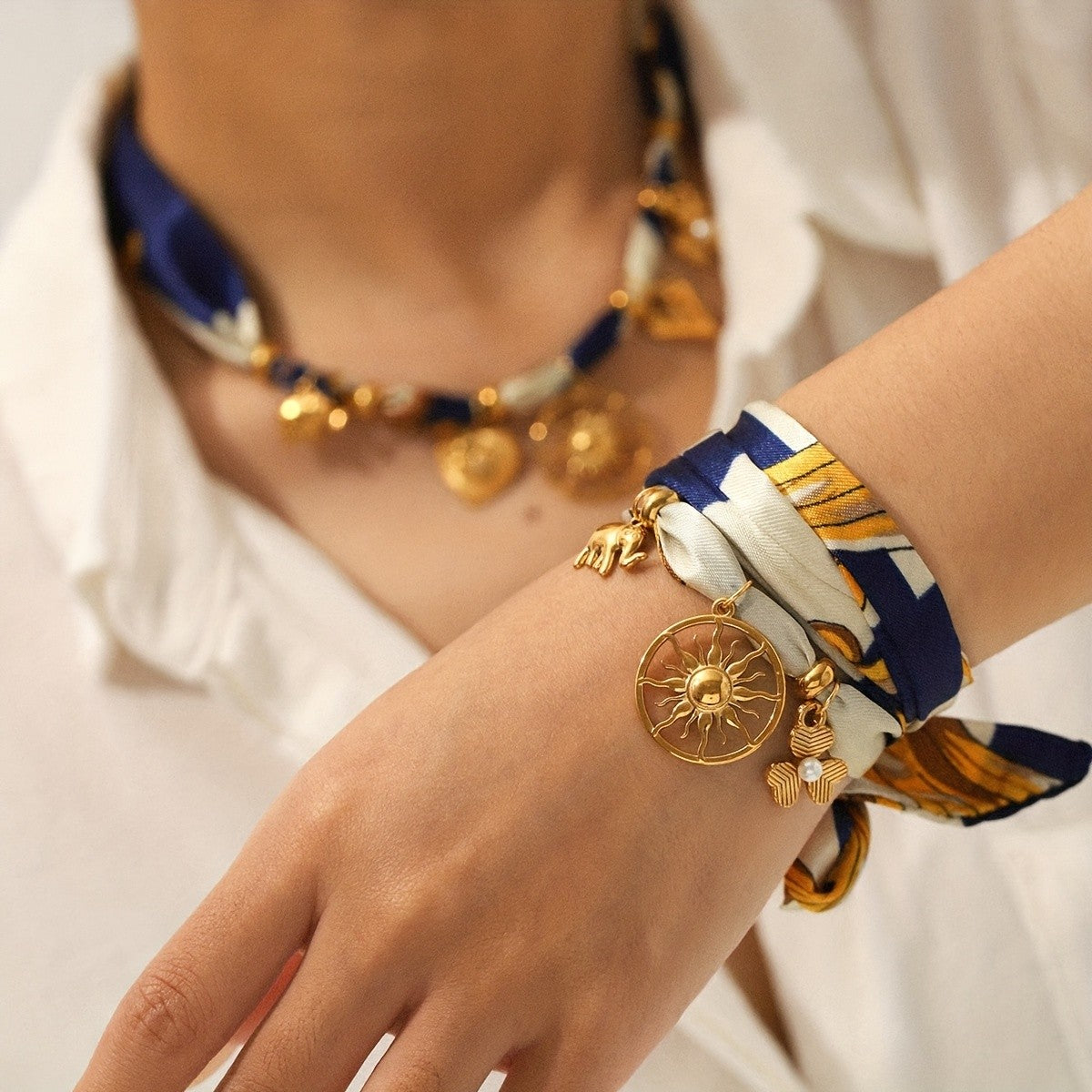Boho Striped Scarf Sun Charm Necklace & Bracelet Set