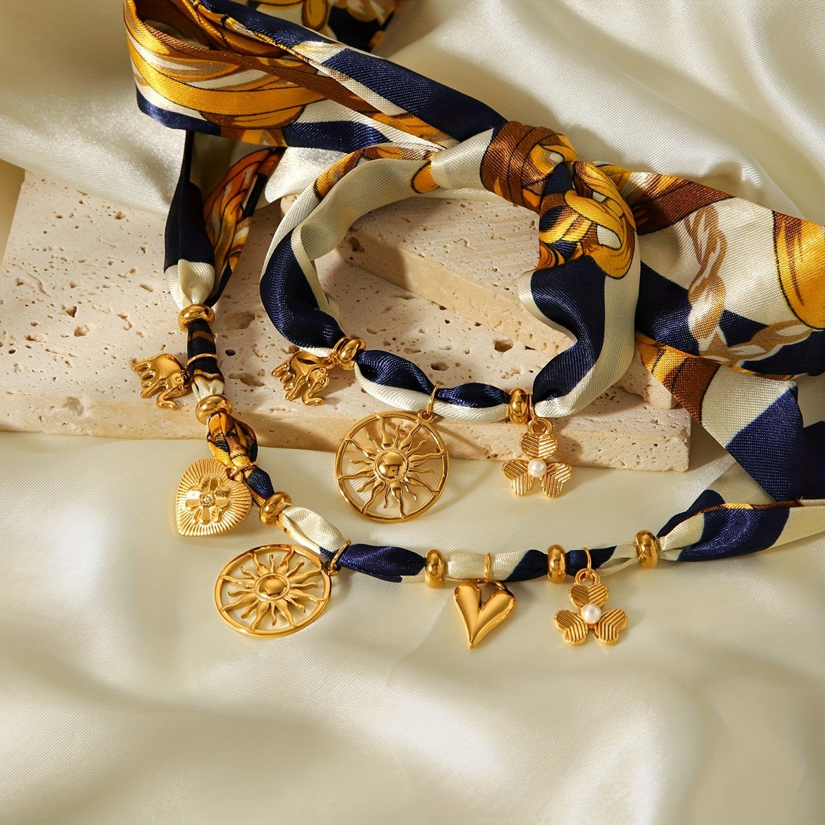 Boho Striped Scarf Sun Charm Necklace & Bracelet Set