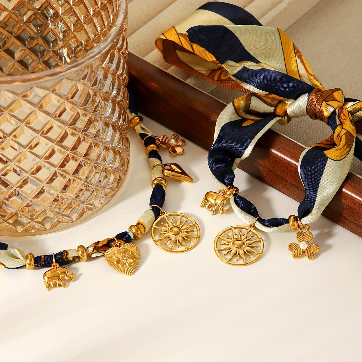 Boho Striped Scarf Sun Charm Necklace & Bracelet Set