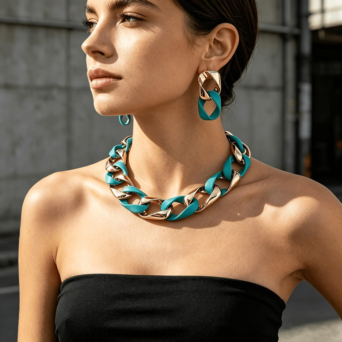 Boho Neon Pink Acrylic Link Necklace & Earring Set