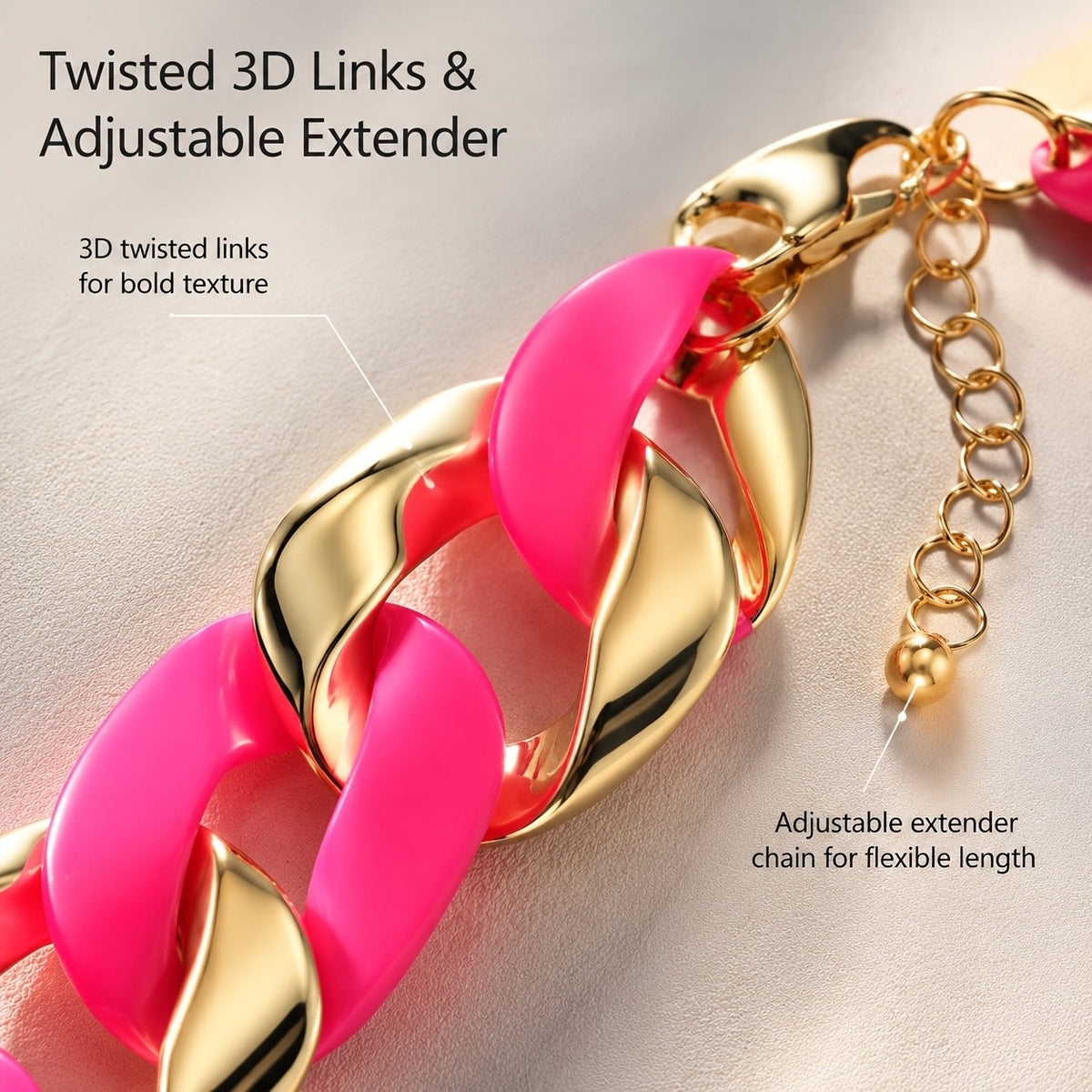 Boho Neon Pink Acrylic Link Necklace & Earring Set
