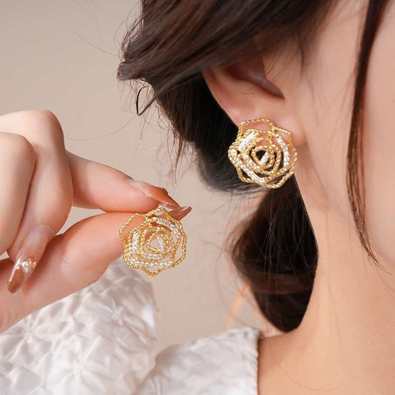Elegant Hollow Rose Flower Stud Earrings