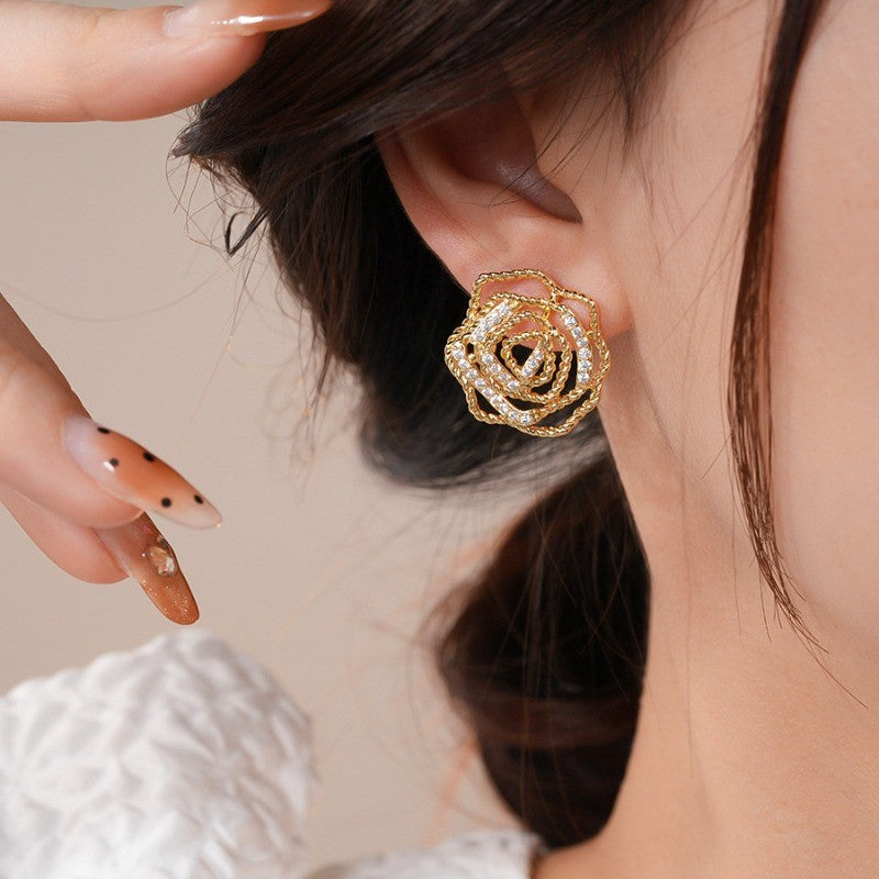 Elegant Hollow Rose Flower Stud Earrings
