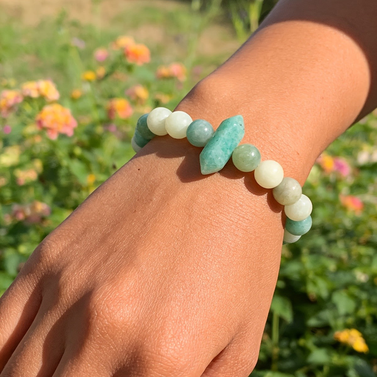 Boho Natural Amazonite Hexagonal Bead Bracelet