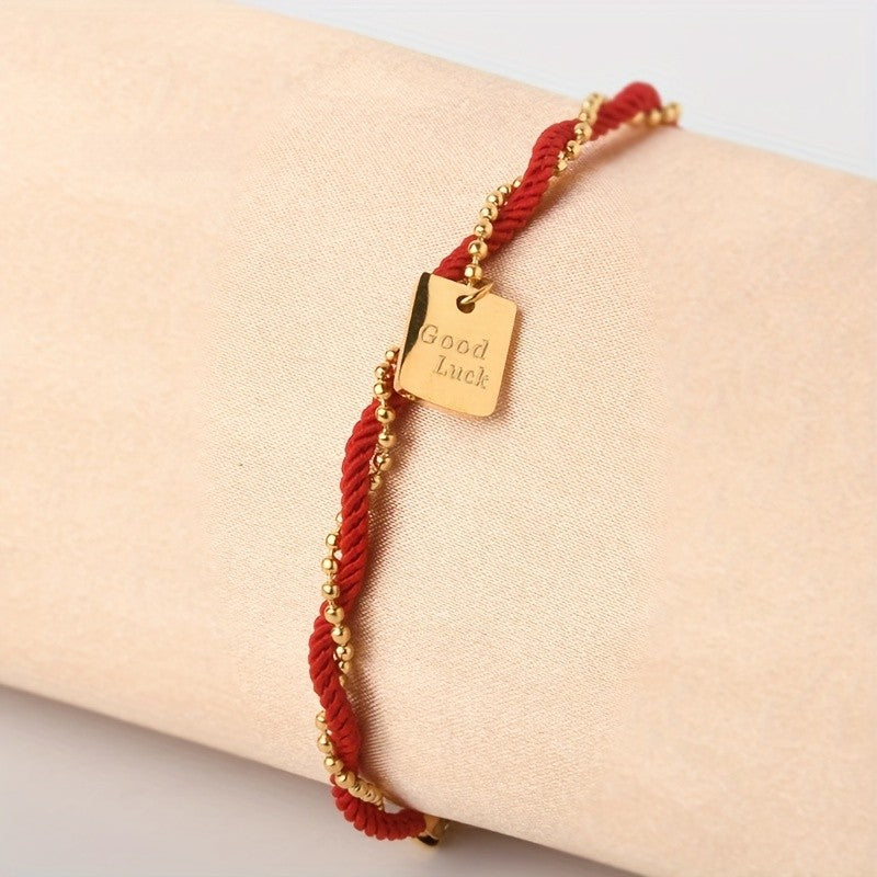 Elegant Red Braided Square Charm Bracelet