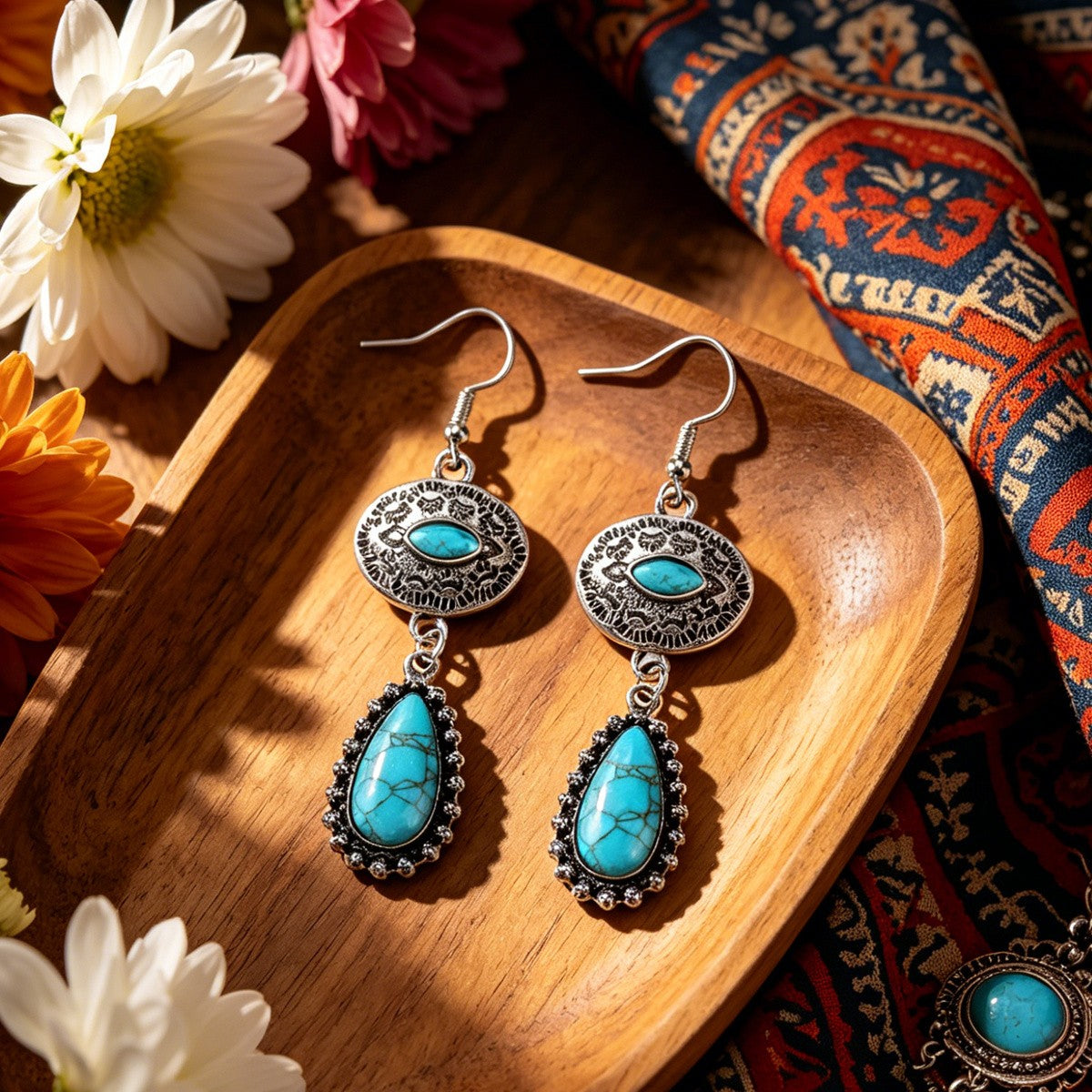 Boho Vintage Turquoise Filigree Drop Earrings