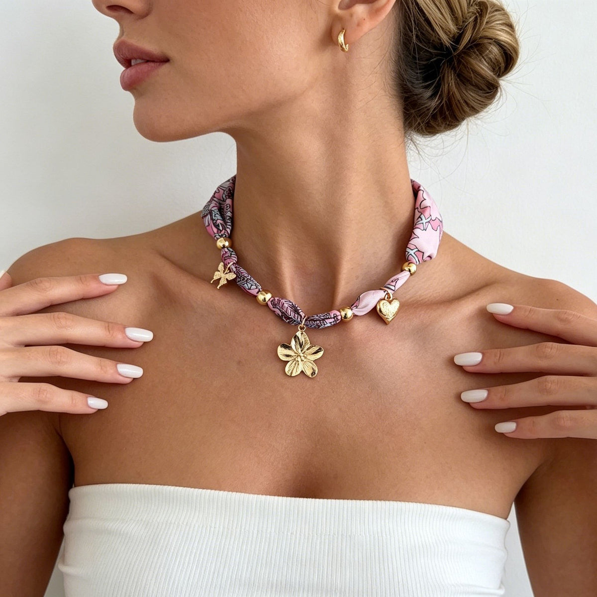 Boho Teal Floral Print Charm Necklace