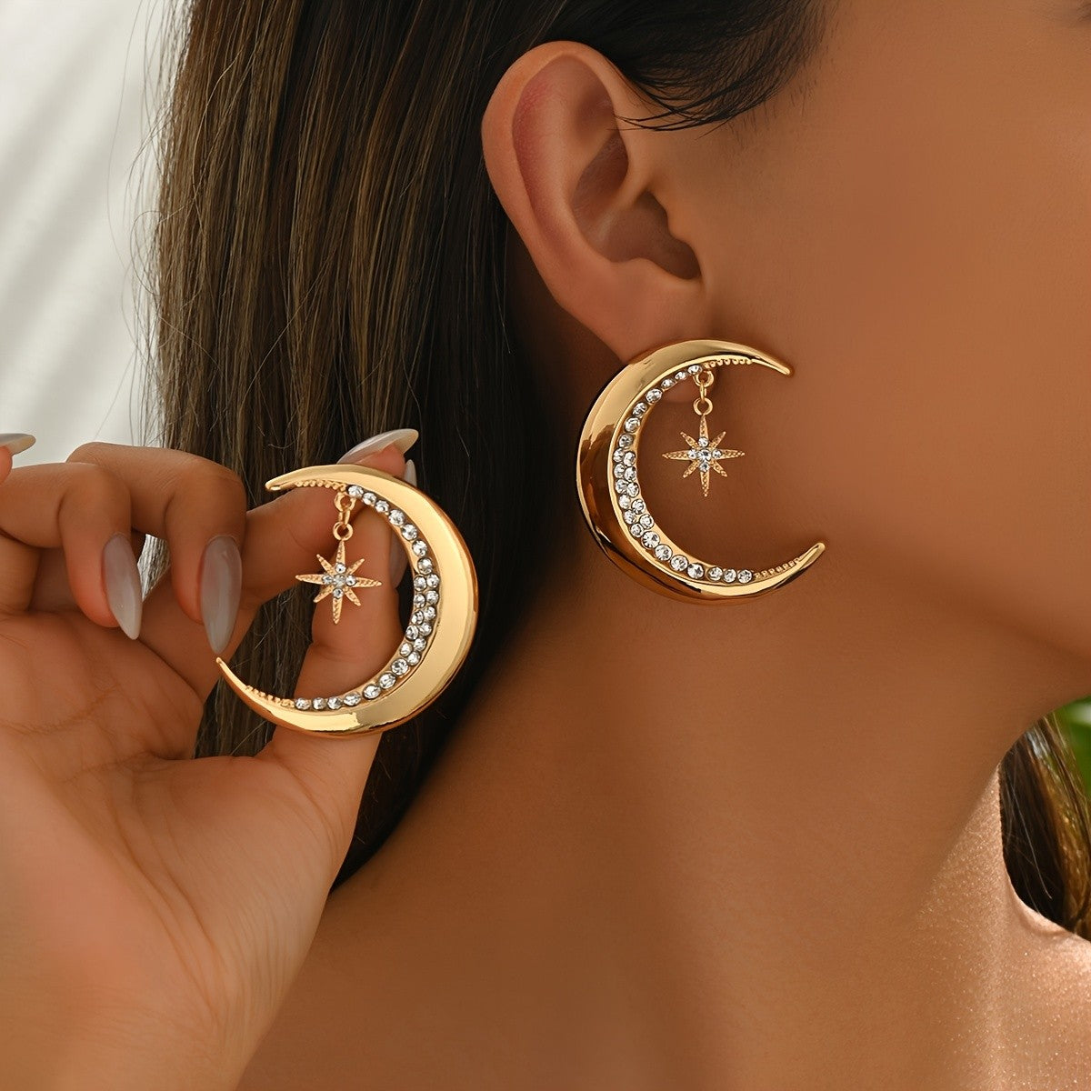 Elegant Crescent Moon Star Hoop Earrings