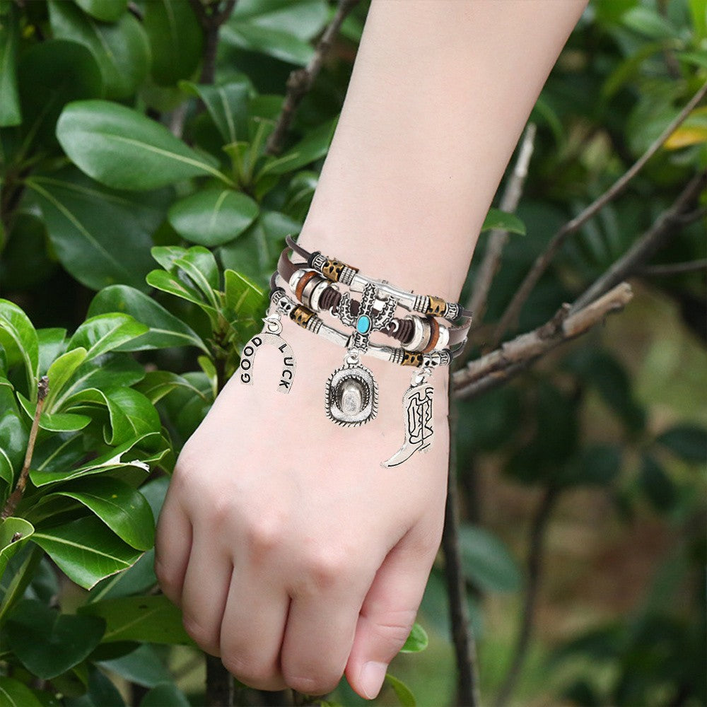 Vintage Western Cactus & Horseshoe Leather Bracelet