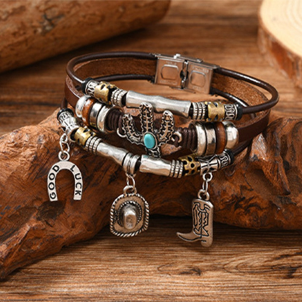 Vintage Western Cactus & Horseshoe Leather Bracelet
