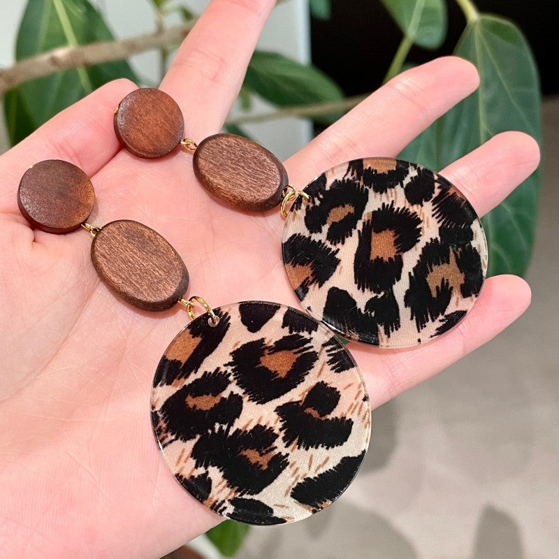 Retro Wood & Leopard Print Drop Earrings