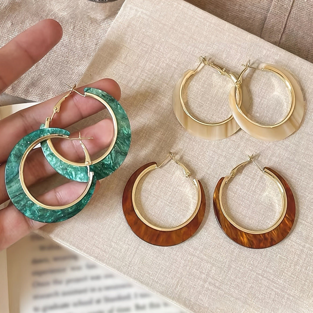 3pc Boho Marbled Resin Hoop Earring Set