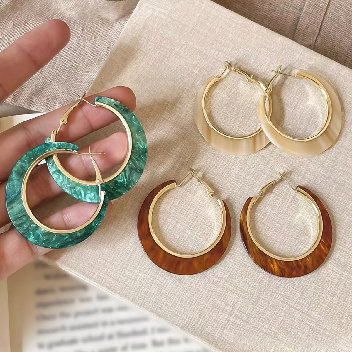 3pc Boho Marbled Resin Hoop Earring Set