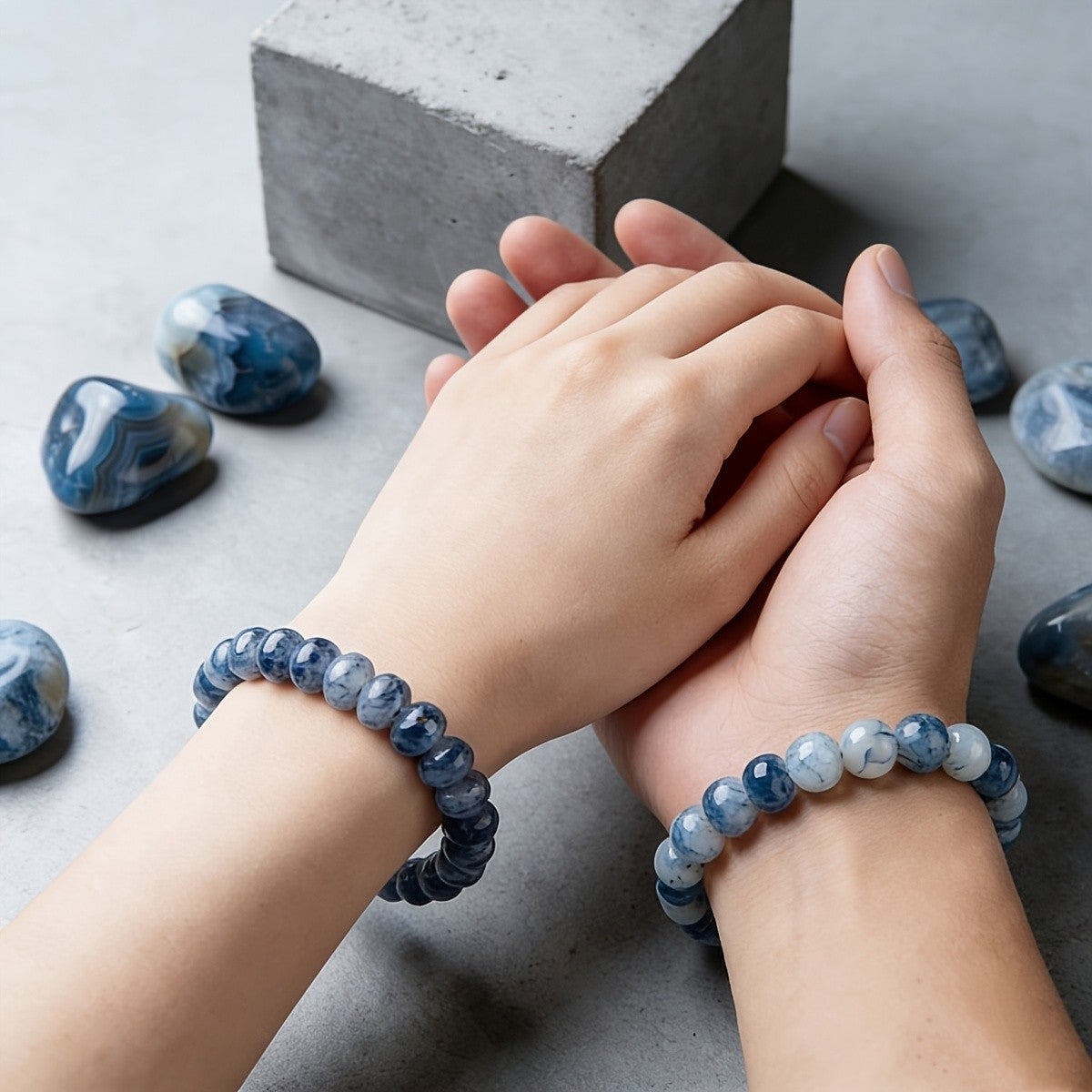 2pc Boho Blue Marbled Glass Bracelet Set