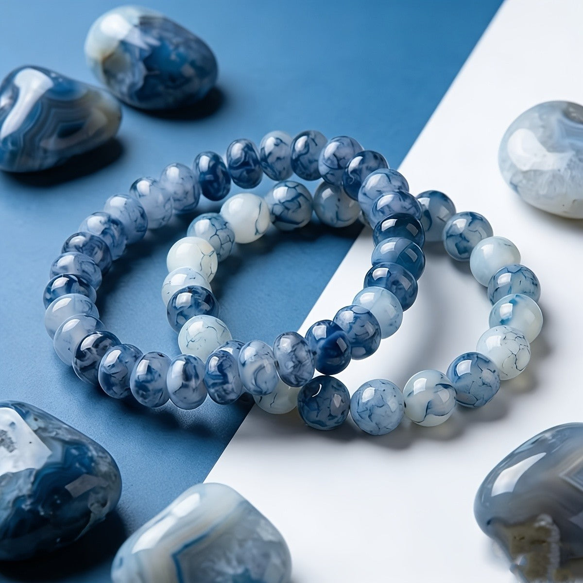 2pc Boho Blue Marbled Glass Bracelet Set