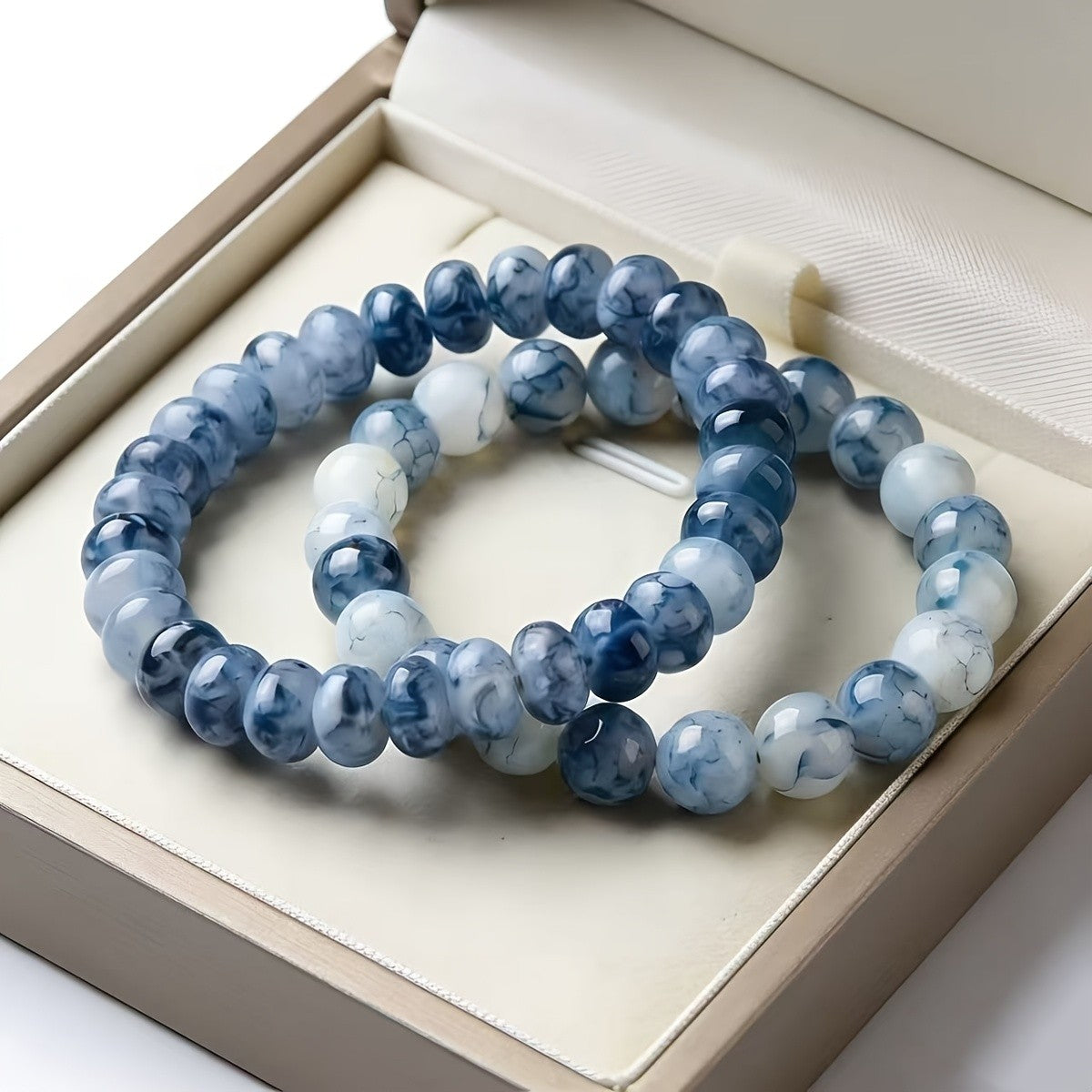 2pc Boho Blue Marbled Glass Bracelet Set