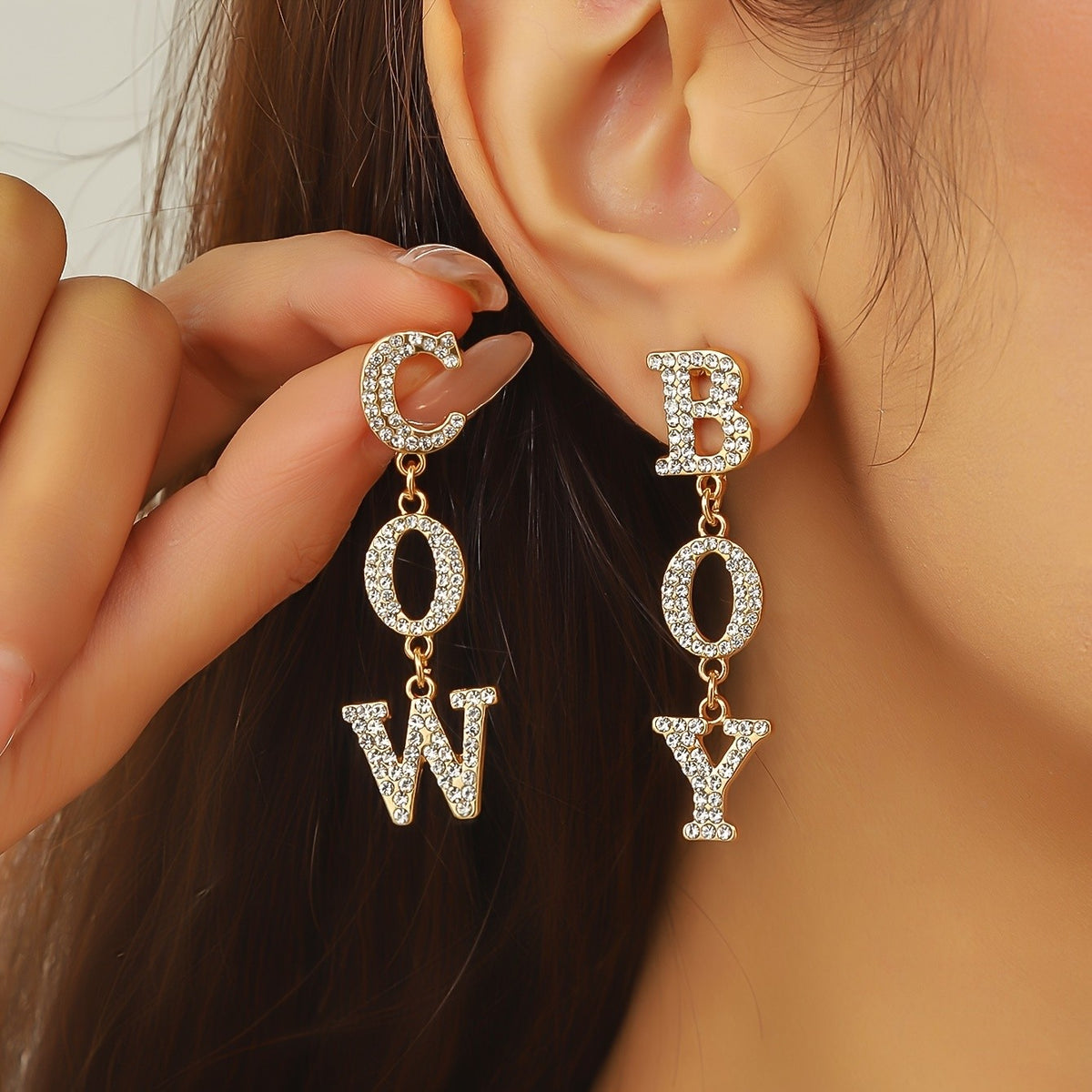 Classy Rhinestone COWBOY Letter Drop Earrings
