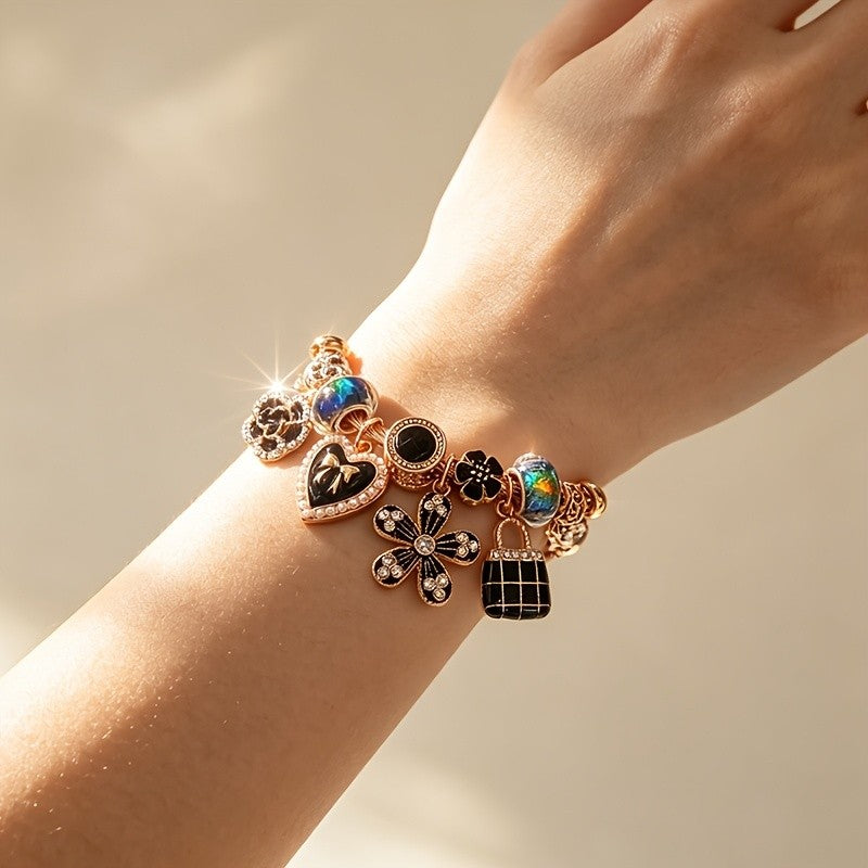 Romantic Black Floral Charm Bracelet