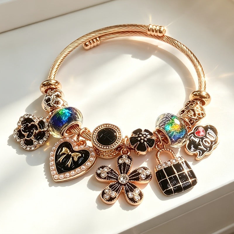 Romantic Black Floral Charm Bracelet