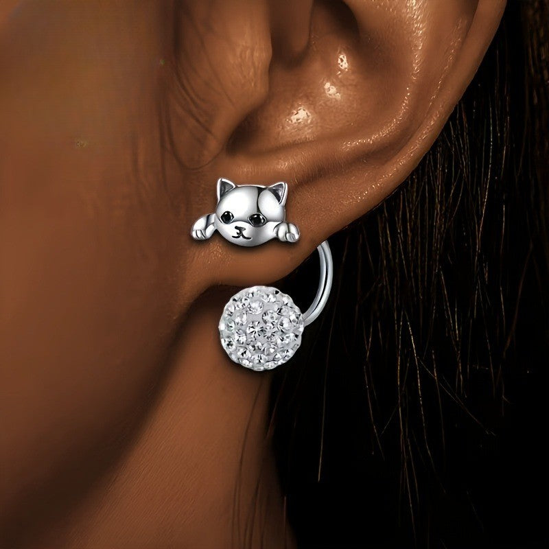 Cute Cat Zircon Ball Earring