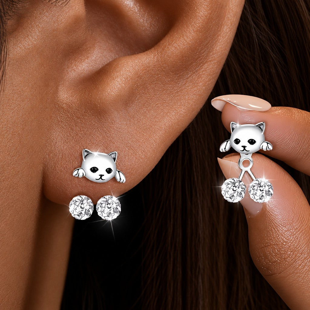 Cute Cat Zircon Ball Earring
