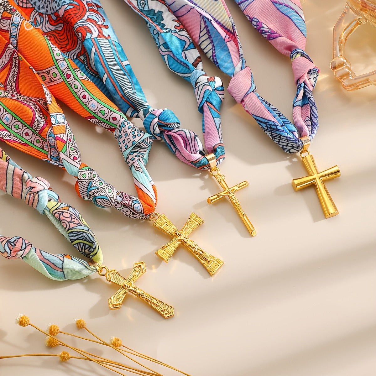 Boho Printed Scarf Cross Necklace