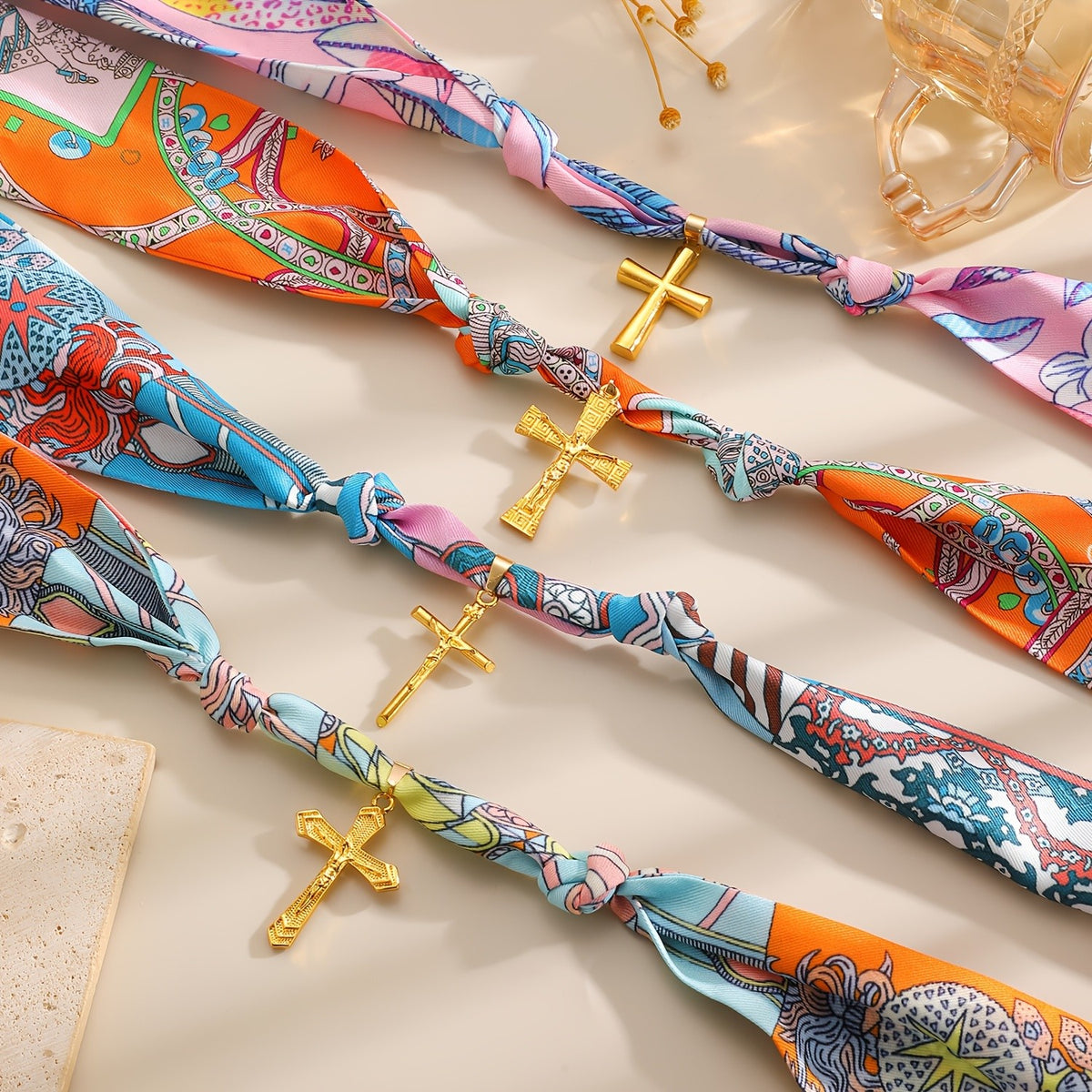 Boho Printed Scarf Cross Necklace