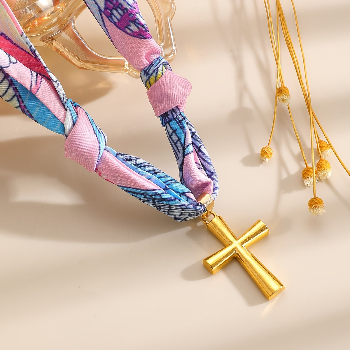 Boho Printed Scarf Cross Necklace