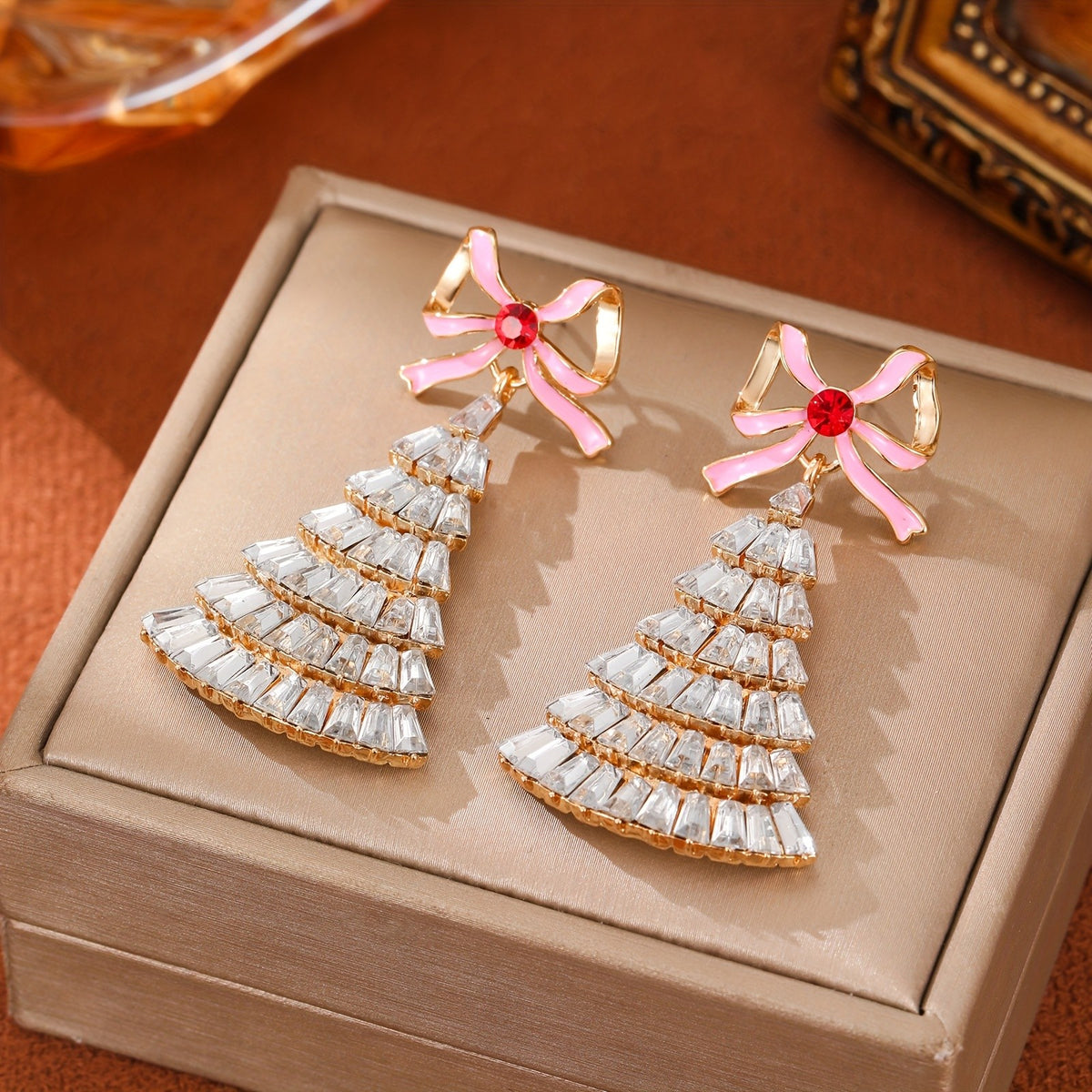 Elegant Pink Bow Rhinestone Christmas Tree Earrings