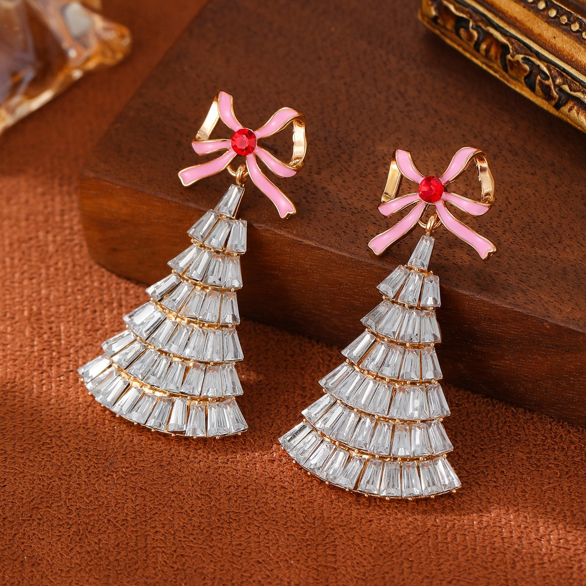 Elegant Pink Bow Rhinestone Christmas Tree Earrings