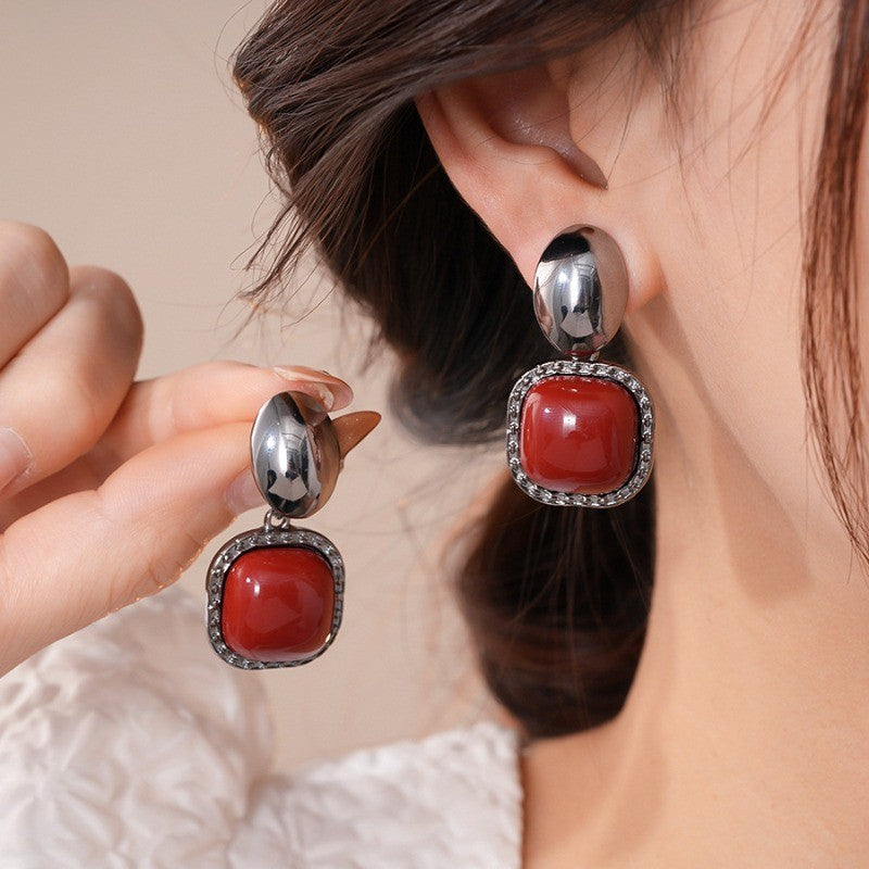 Vintage Red Square Drop Earrings