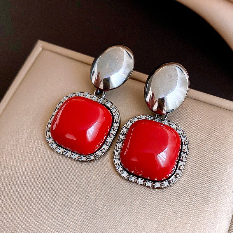 Vintage Red Square Drop Earrings