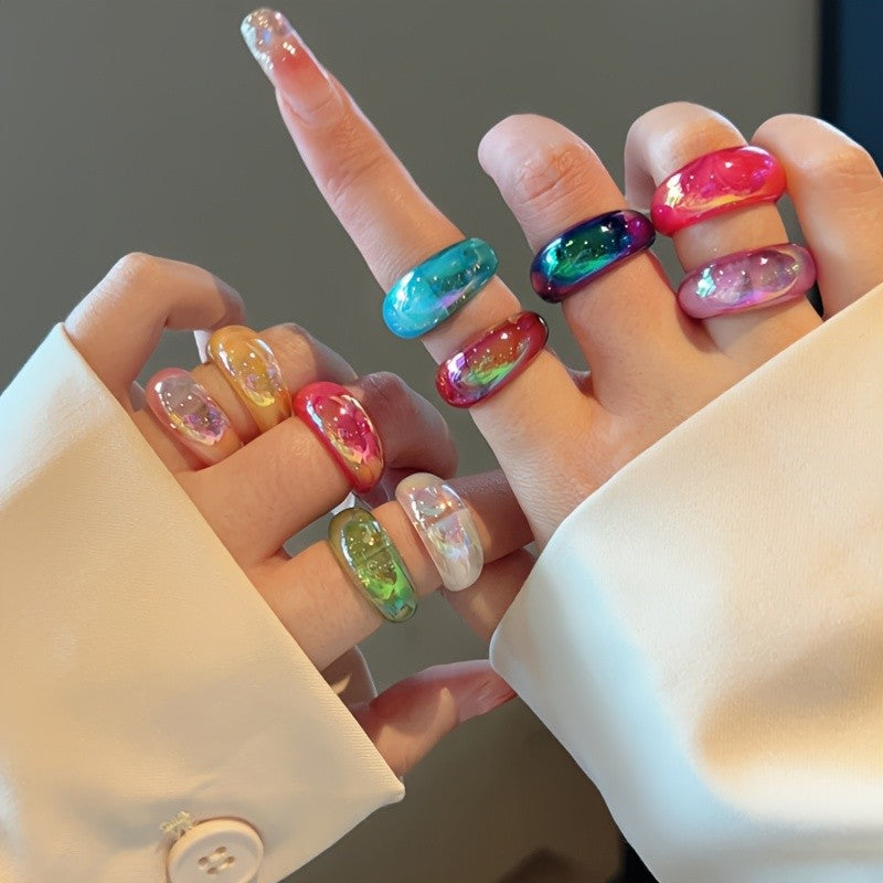 10pc Dazzling Iridescent Resin Ring Set