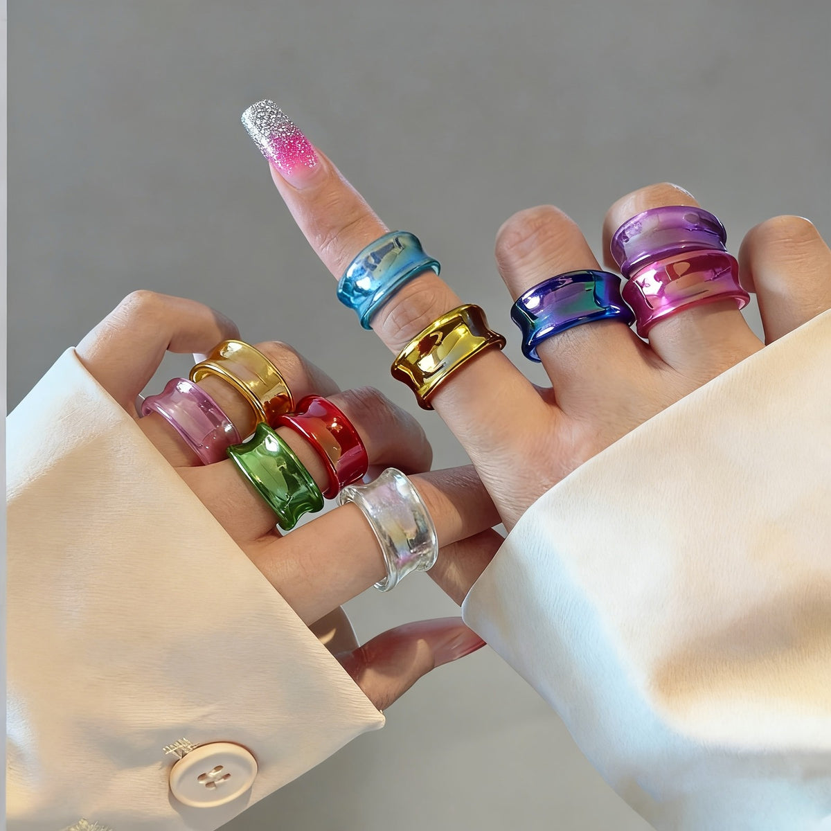10pc Dazzling Iridescent Resin Ring Set