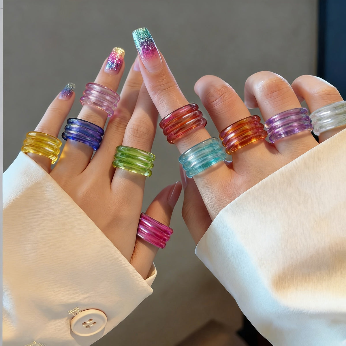 10pc Dazzling Iridescent Resin Ring Set