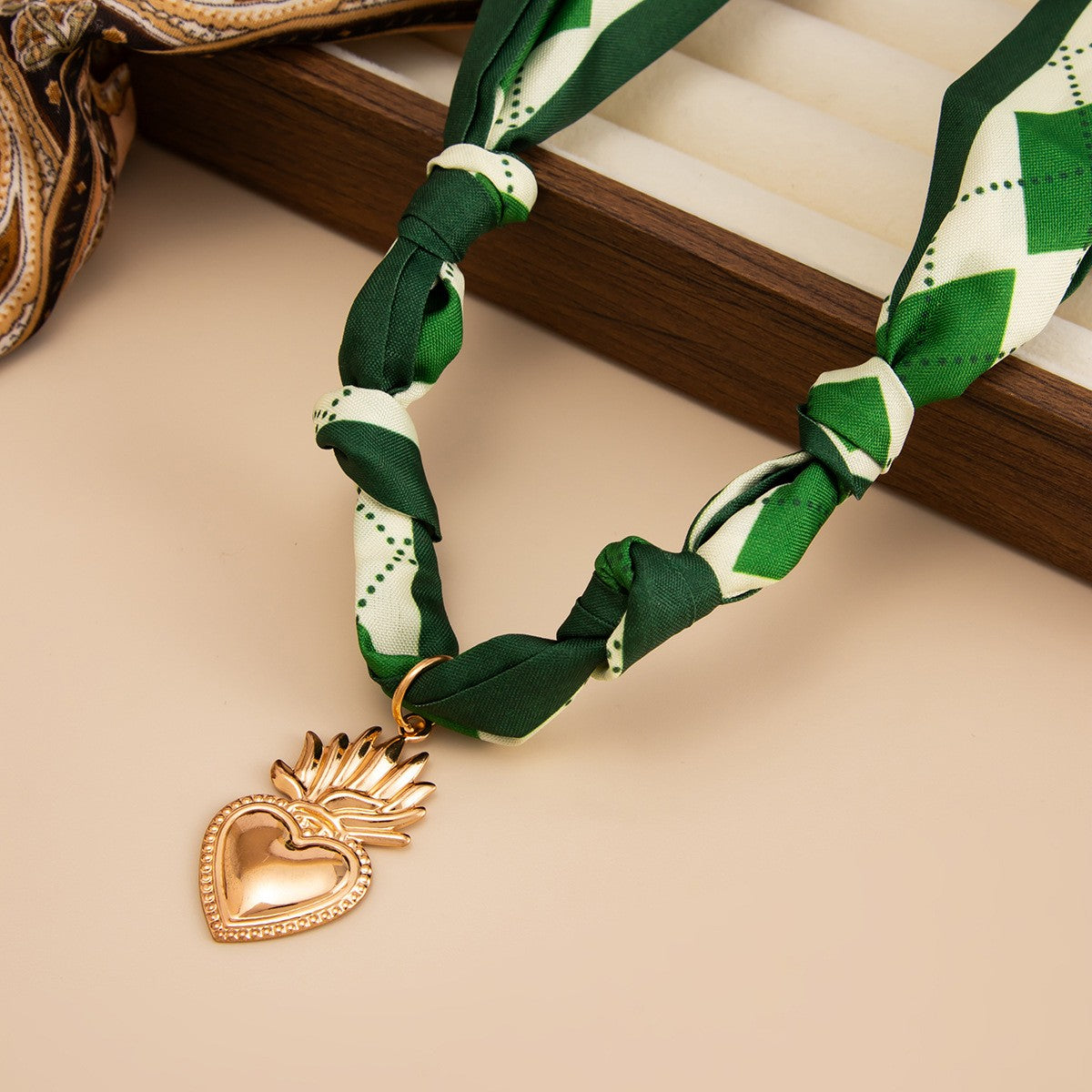 Boho Green Braided Scarf Heart Necklace