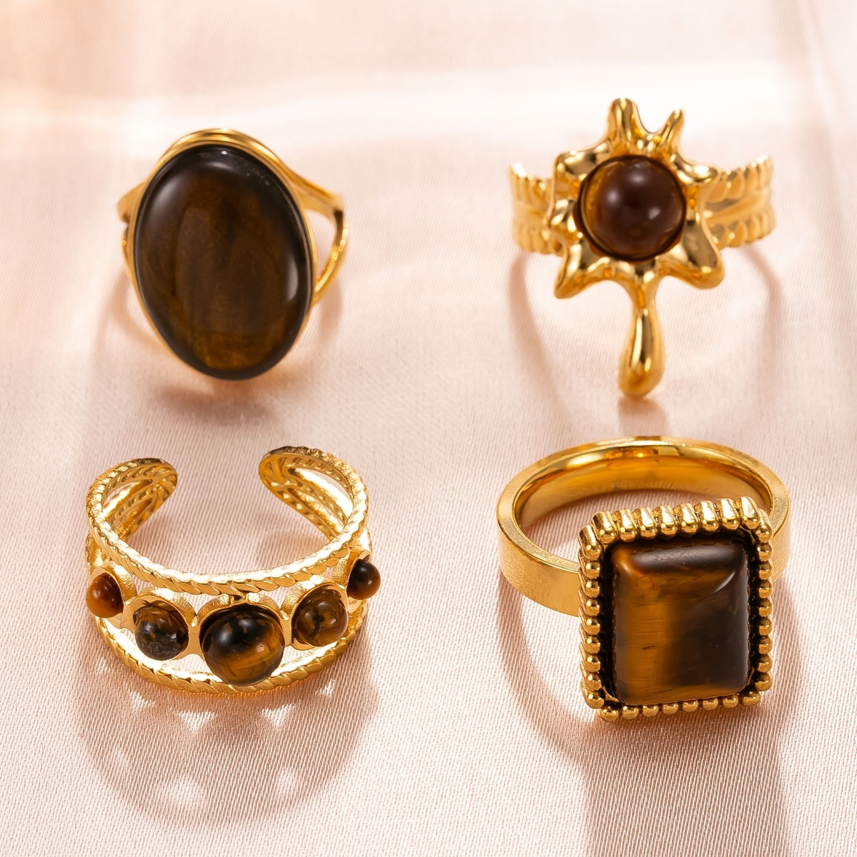 18k Boho Tiger Eye Stackable Ring Set