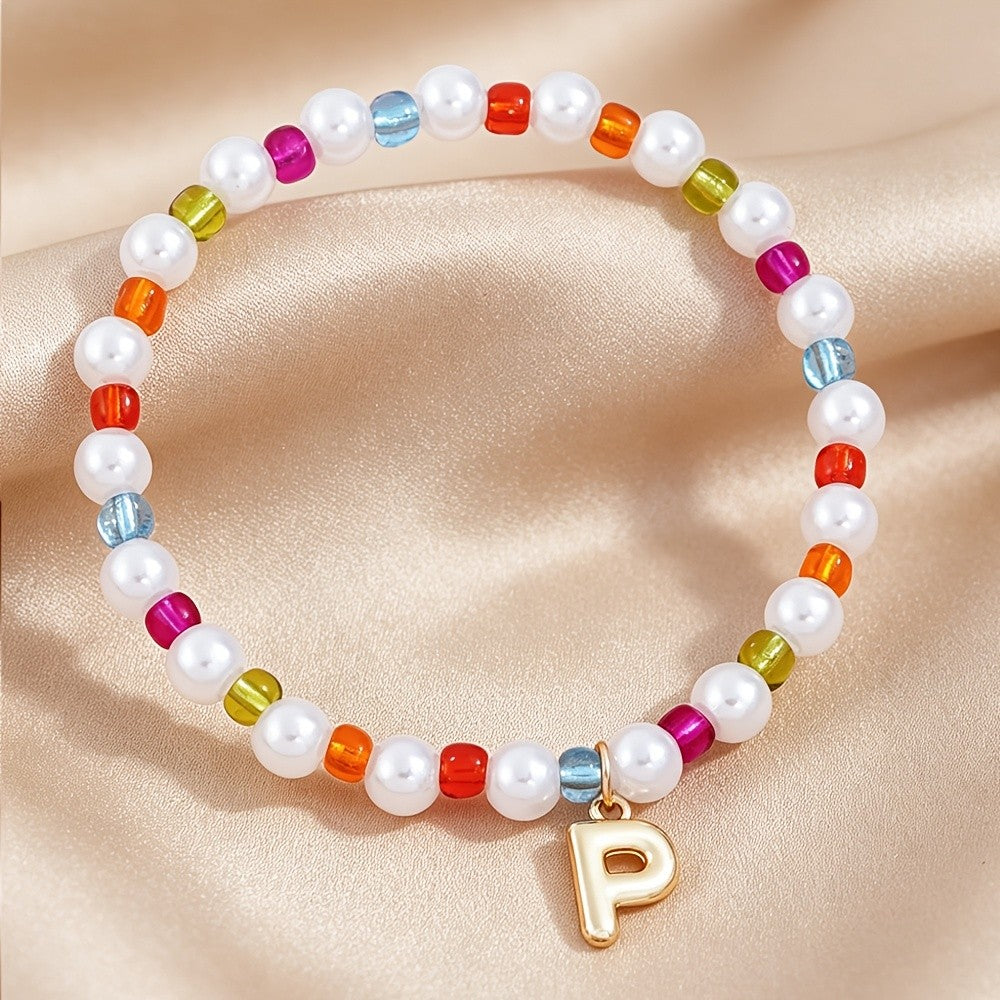 Dainty Colorful Pearl Initial Bracelet