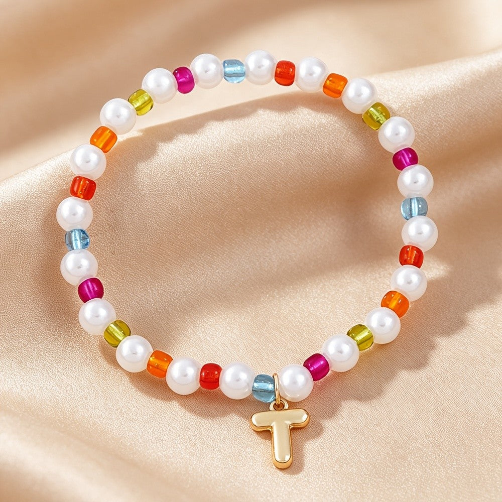 Dainty Colorful Pearl Initial Bracelet