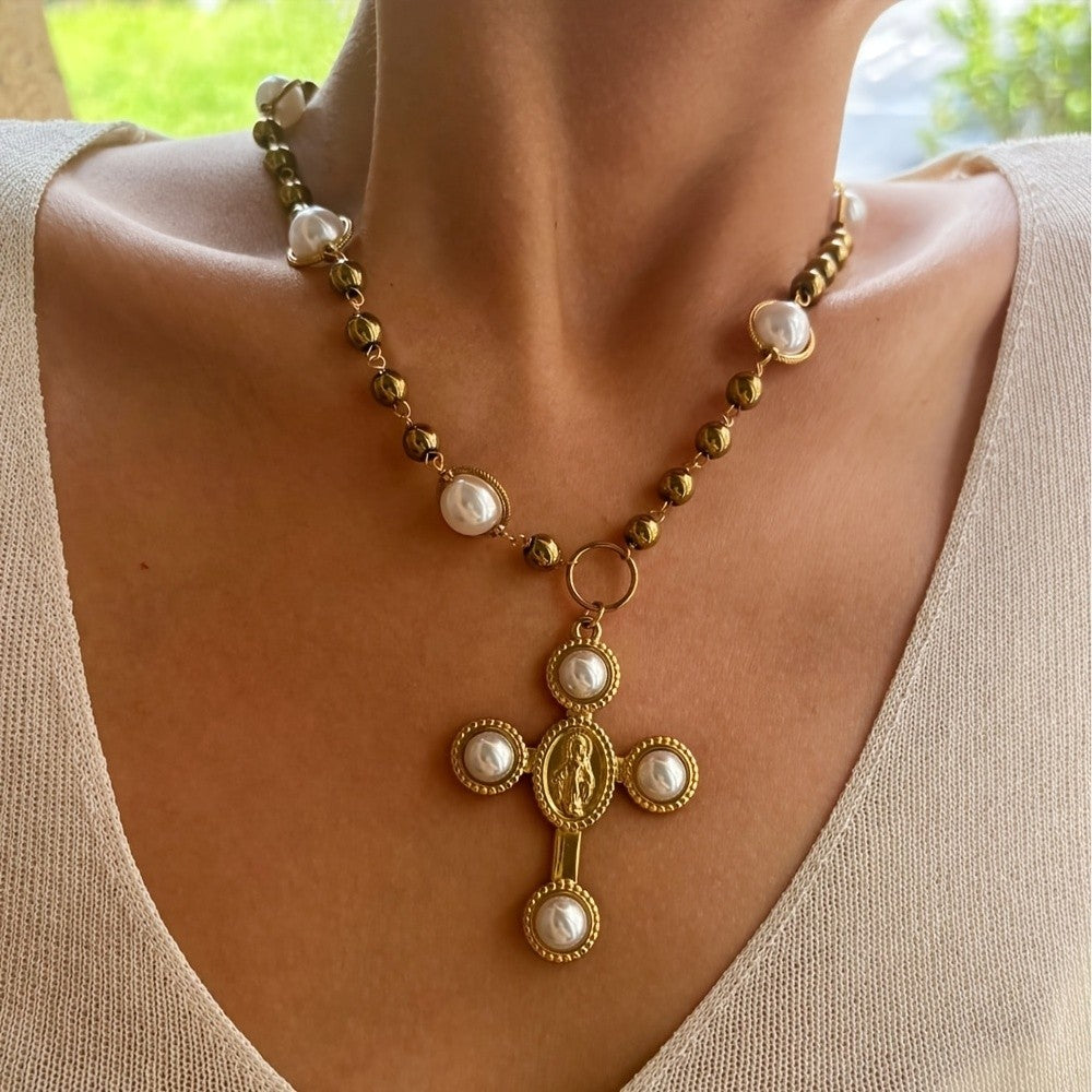 Classy Faux Pearl Beaded Cross Necklace
