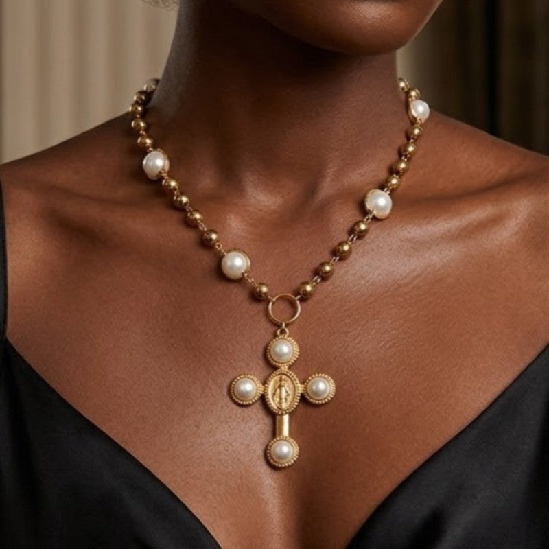 Classy Faux Pearl Beaded Cross Necklace