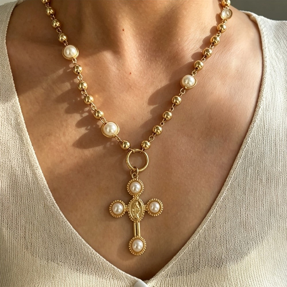 Classy Faux Pearl Beaded Cross Necklace